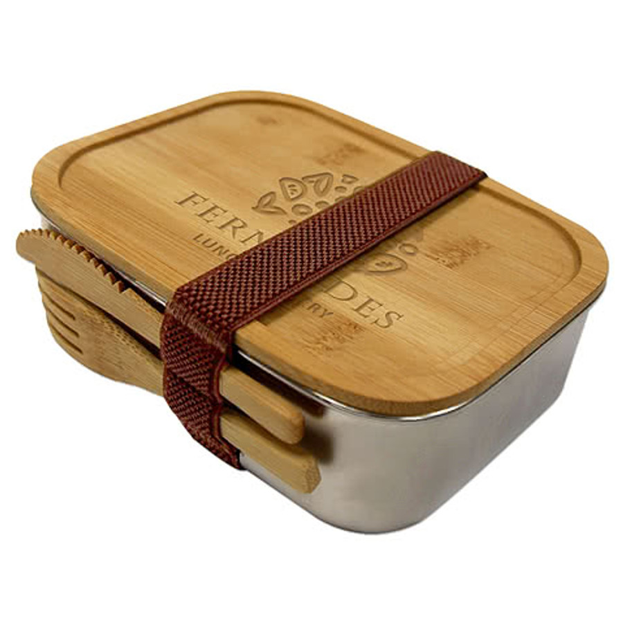 Laser Engraved Sophisticated Stainless and Bamboo Bento Box in Silver