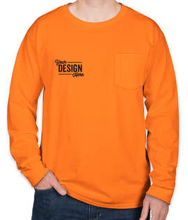 Hanes Workwear Long Sleeve Pocket T-shirt - Embroidered - Color: Safety Orange