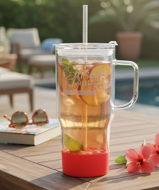 Laser Engraved 40 oz. Cafe America Glass Dual Lid Travel Mug with Straw