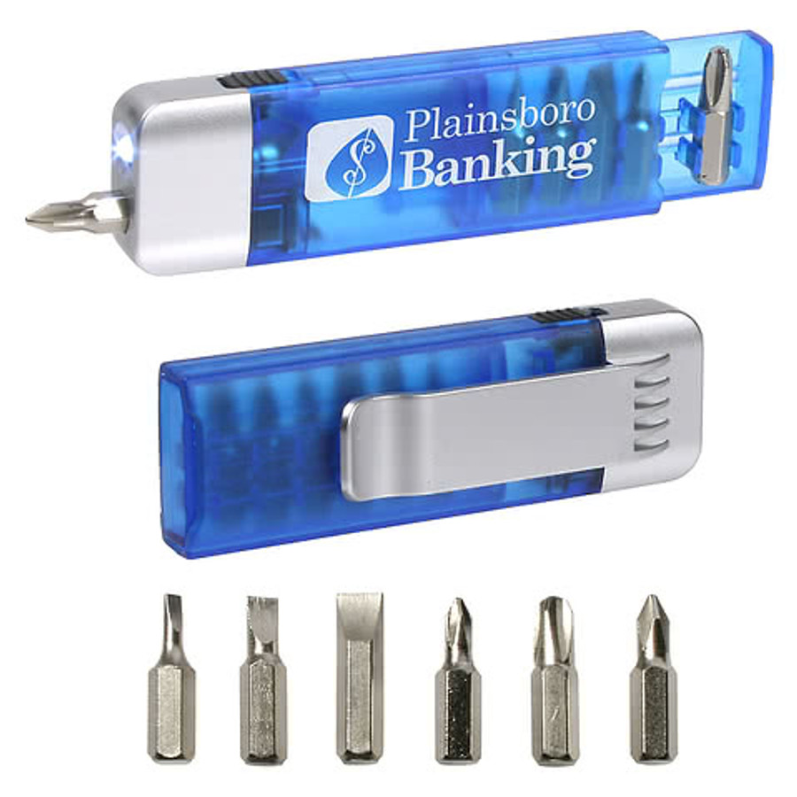 Clip-On Pocket Screwdriver Kit with Flashlight in Blue