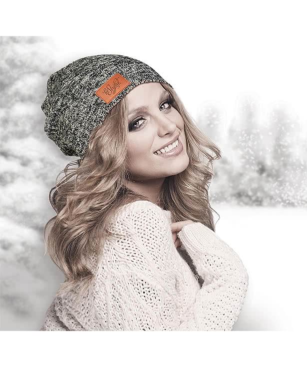 Heathered Acrylic Knit Rectangle Patch Beanie -  Debossed