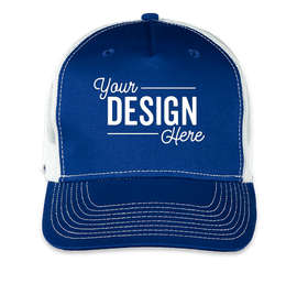 Port Authority Five-Panel Snapback Trucker Hat - Screen Printed - Color: Patriot Blue / White