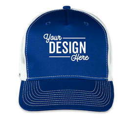 Port Authority Five-Panel Snapback Trucker Hat - Embroidered - Color: Patriot Blue / White