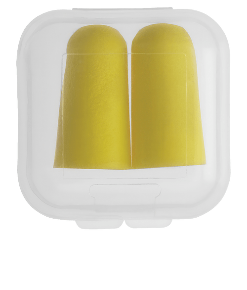 Ear Plugs in Clear Square Case in YELLOW
