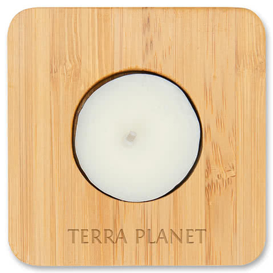 Bamboo Tea Light Candle Holder With Candle in NATURAL