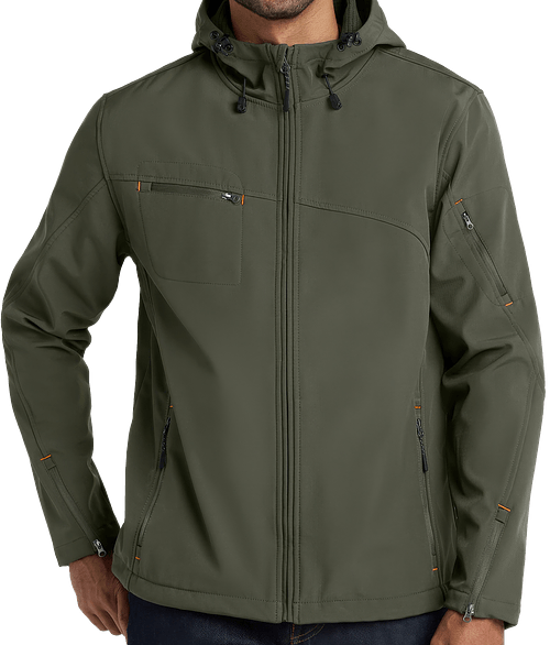 Port Authority Textured Hooded Soft Shell Jacket in Mineral Green / Soft Orange