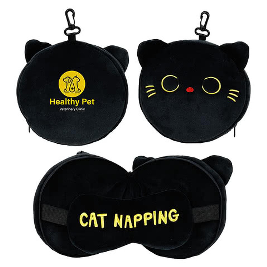 Full Color Comfort Pals Cat 2-in-1 Pillow Sleep Mask in Black
