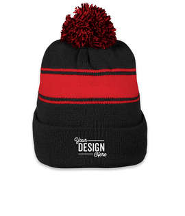 Sport-Tek Striped Pom Pom Beanie - Color: Black / True Red