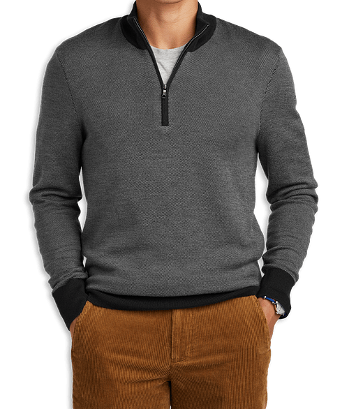 Brooks Brothers Merino Wool Birdseye Quarter Zip Sweater in Deep Black / Shadow Grey