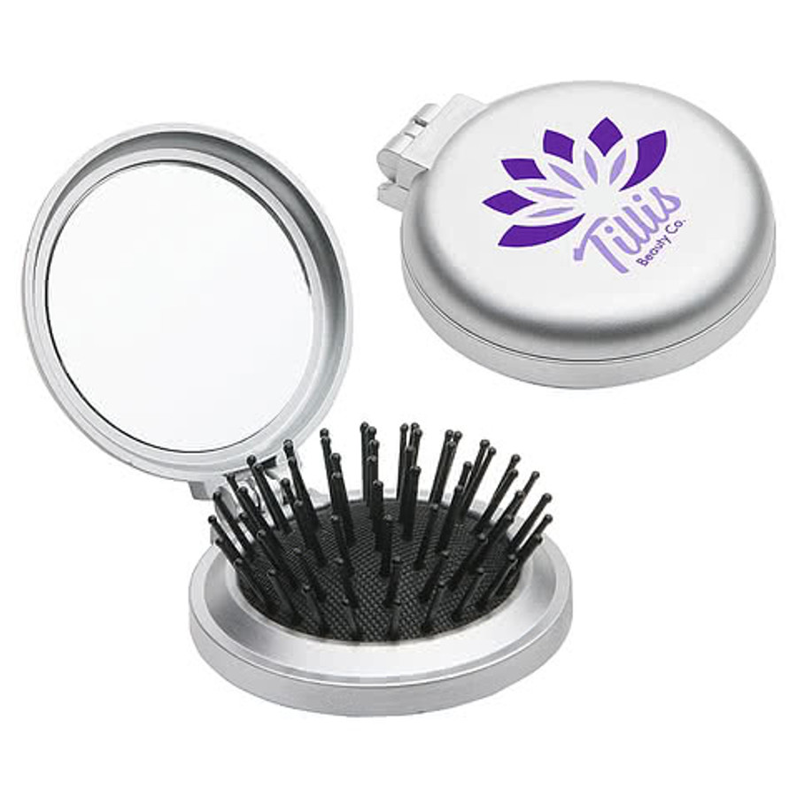 Travel Disk Brush & Mirror Compact in Silver