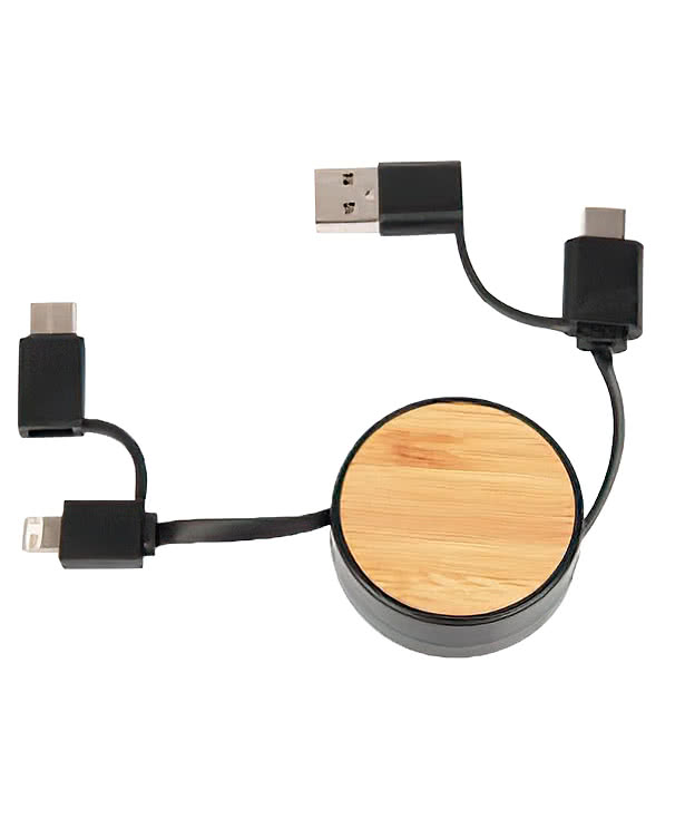 Laser Engraved Bamboo Retractable 5-in-1 Charging Cable
