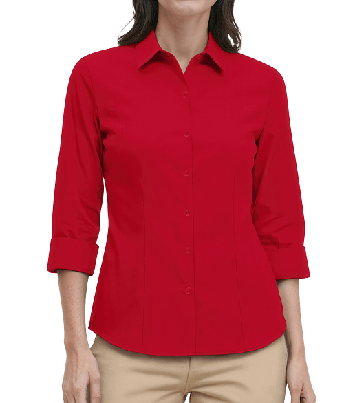 Blue Generation Women’s Fine Line Twill 3/4 Sleeve Shirt - Embroidered in Red