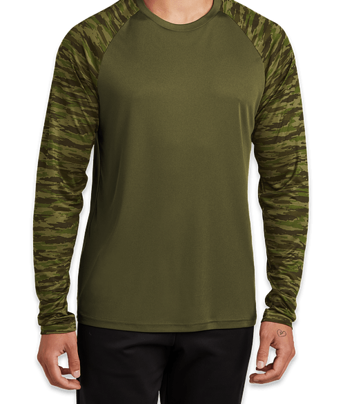 Sport-Tek Drift Camo Colorblock Long Sleeve Performance Shirt in Olive Drab Green