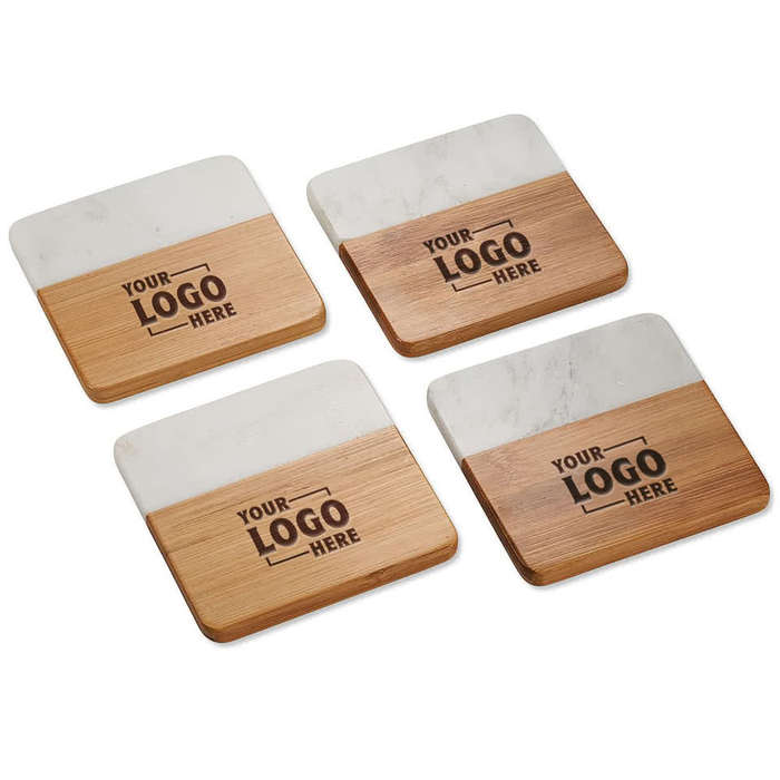 Laser Engraved Marble and Bamboo Coasters (Set of 4)