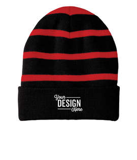 Sport-Tek Fleece Lined Striped Cuff Beanie - Color: Black / True Red