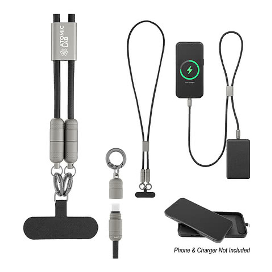 60W Charging Cable Lanyard with Phone Tether in BLACK WITH GUN METAL