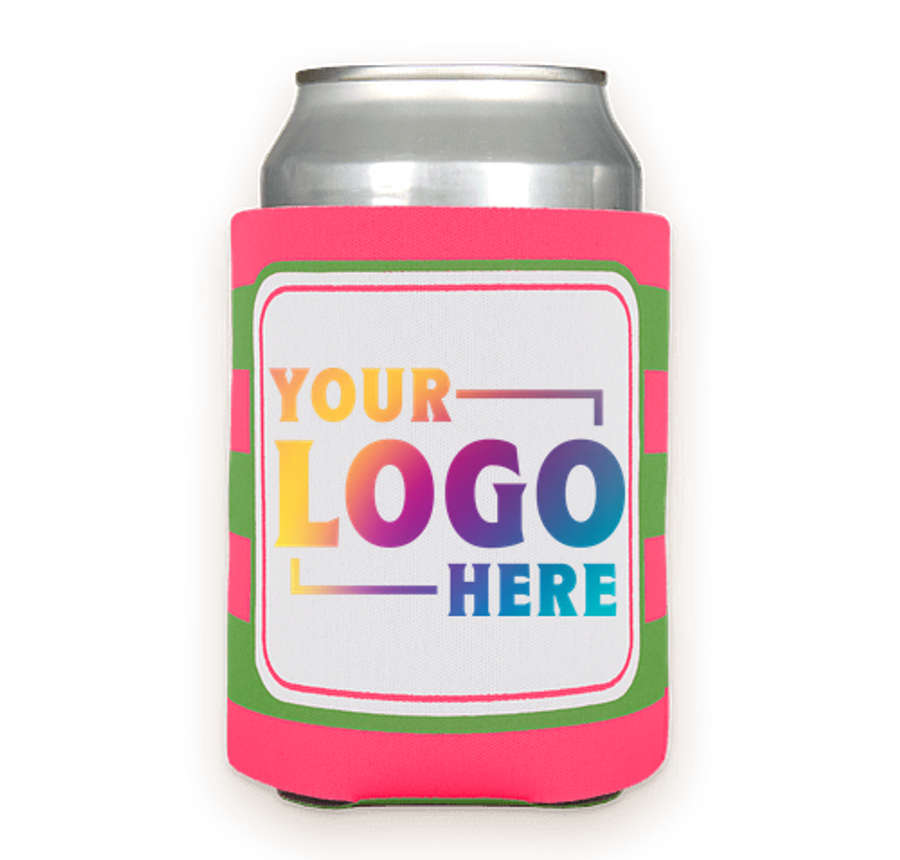 Full Color Stripe Foldable Can Cooler in Hot Pink / Green