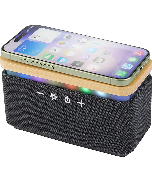 Laser Engraved Boost Fabric and Bamboo Speaker with Wireless Charging Pad