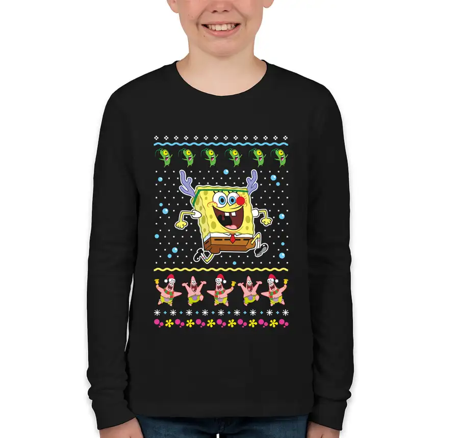 SpongeBob SquarePants - SpongeBob Reindeer Ugly Christmas Sweater - Bella + Canvas Youth Long Sleeve Jersey T-shirt