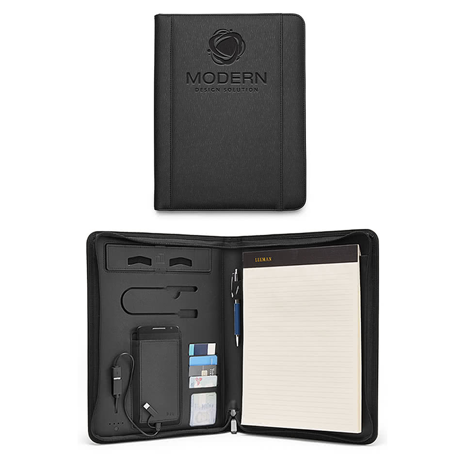 Debossed Leeman Roma Tech Padfolio with Power Bank & Wireless Charger