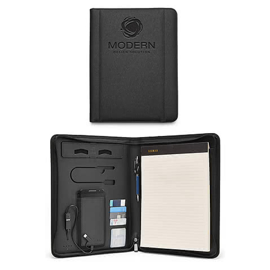 Debossed Leeman Roma Tech Padfolio with Power Bank & Wireless Charger