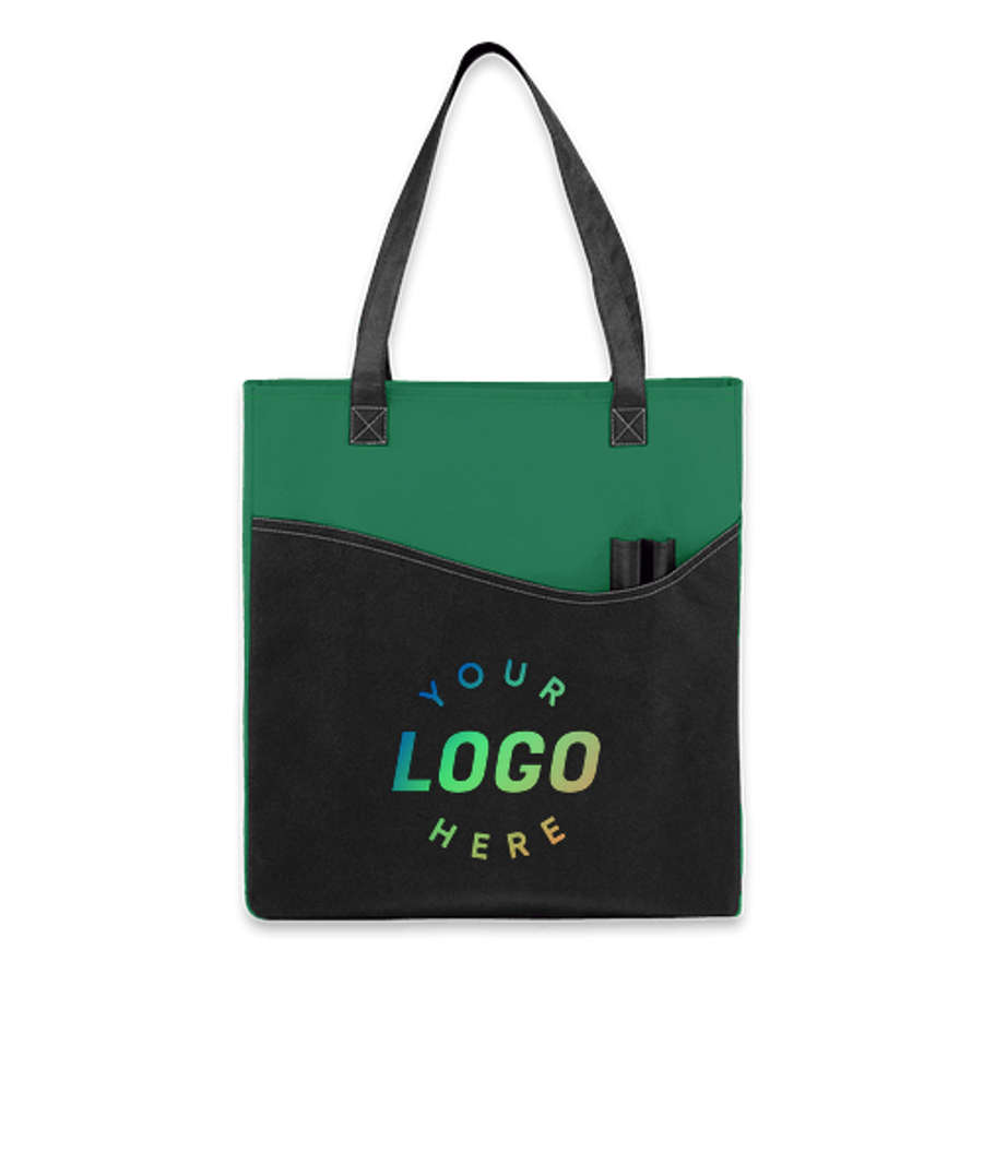 Promotional Non-Woven Pocket Convention Tote Bag in Green with Black Trim