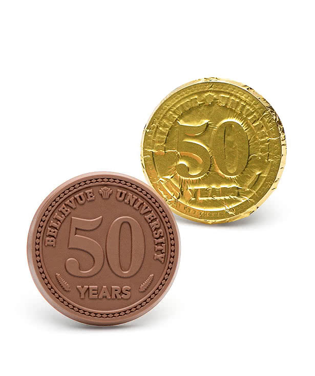 Debossed Foil Wrapped Milk Chocolate Coins with Ribbon