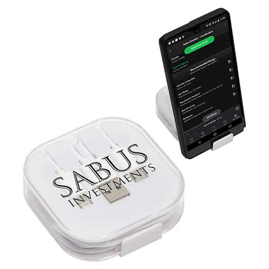 Trio 3-in-1 Charging Cable with Built-In Phone Stand in White