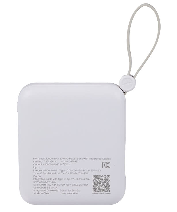 Full Color PWR Boost 10,000 mAh 20W PD Power Bank with Built-In Cables