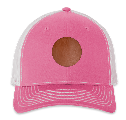 Richardson Snapback Trucker Hat - Circle Faux Leather Patch - Laser Engraved in Hot Pink / White