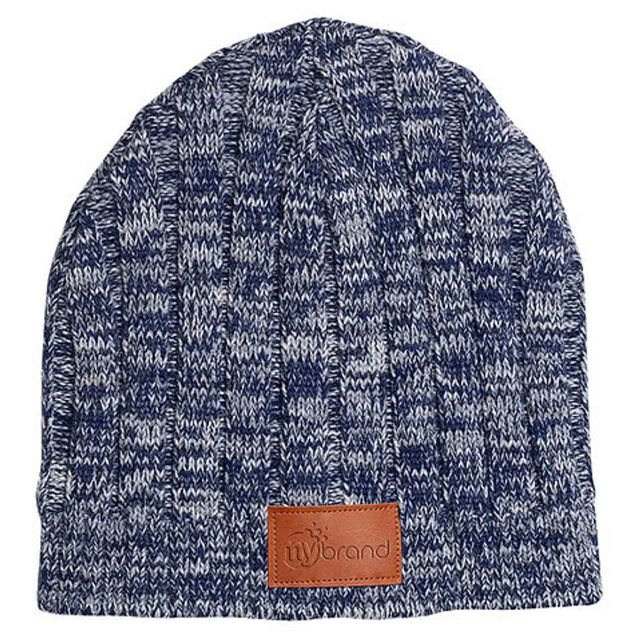 Heathered Acrylic Knit Rectangle Patch Beanie -  Debossed