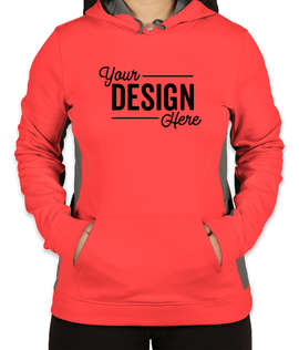 Sport-Tek Women's Colorblock Performance Pullover Hoodie - Color: Hot Coral / Dark Smoke Grey