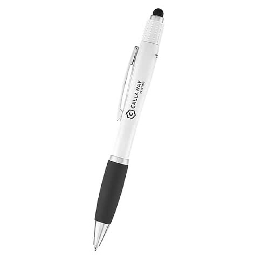 Recycled Satin Stylus Pen with Spin Top (black ink) in SILVER WITH ROYAL BLUE
