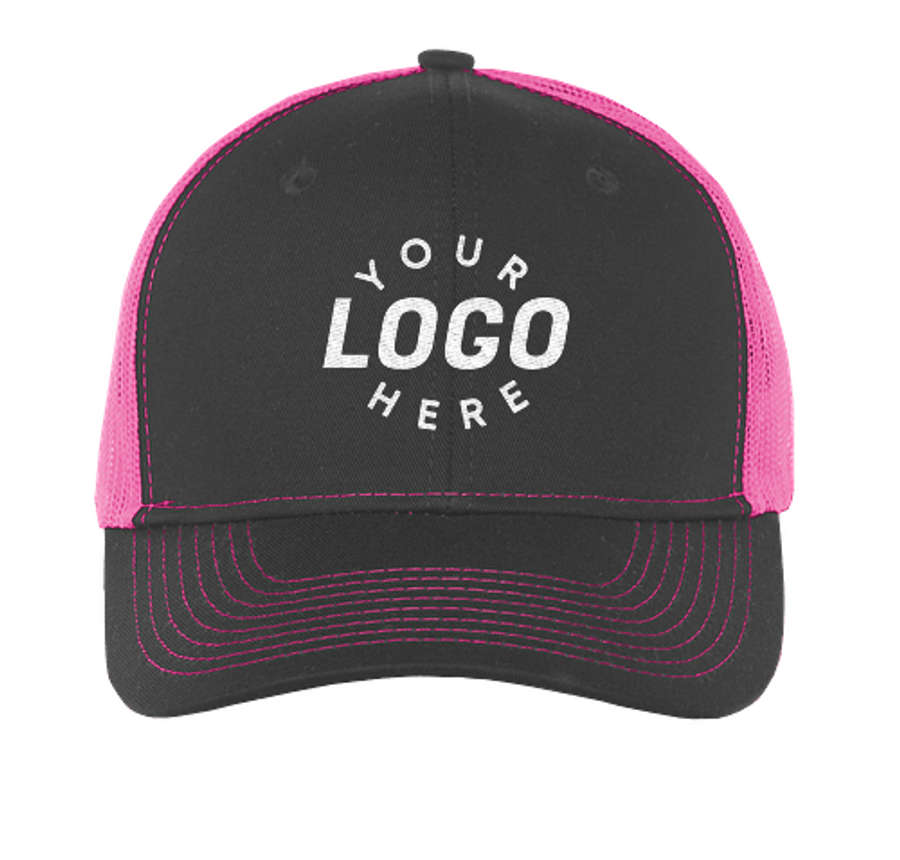 Port Authority Snapback Trucker Hat - Embroidered in Grey Steel / Neon Pink