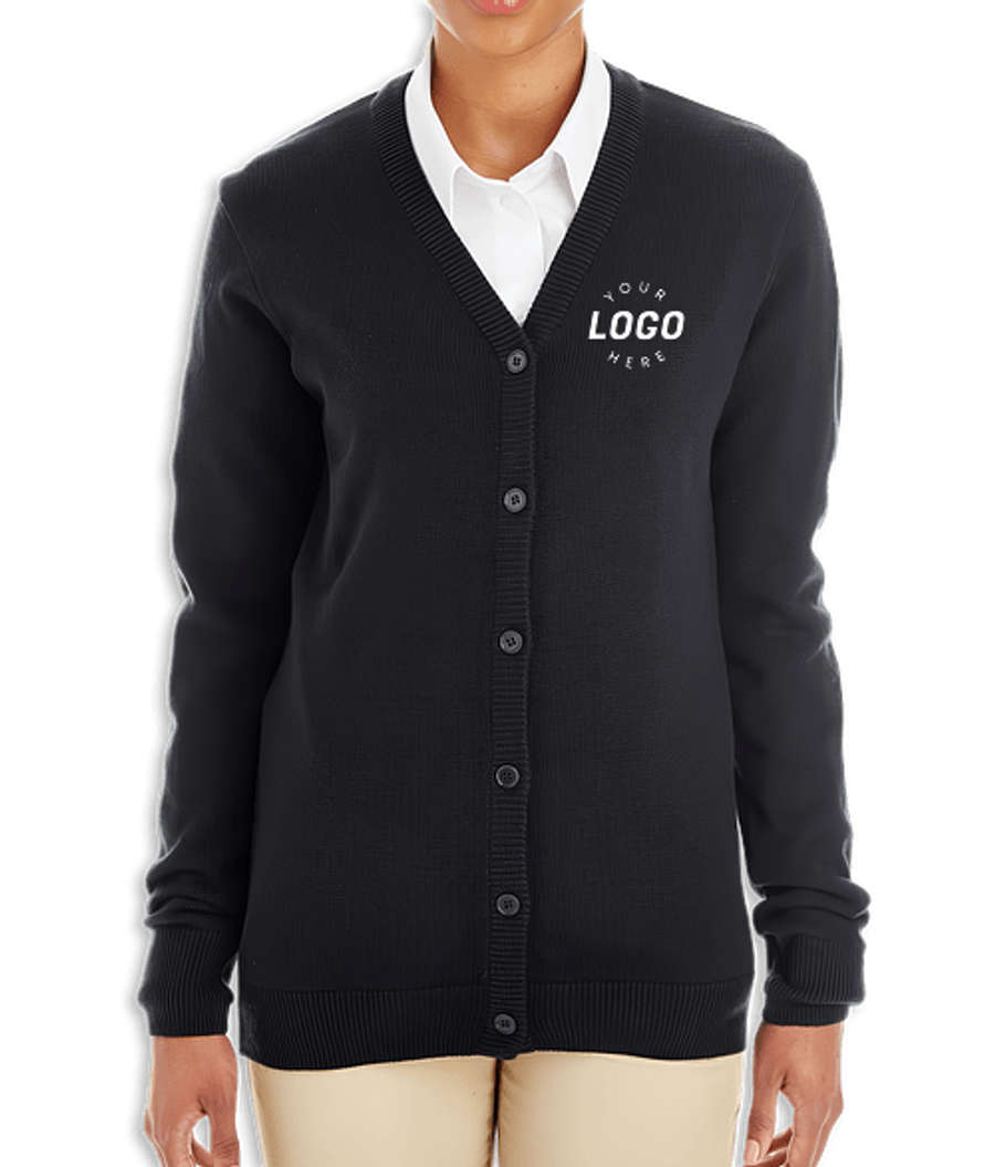 Harriton Women's Pilbloc V-Neck Button-Up Cardigan - Printed in Black