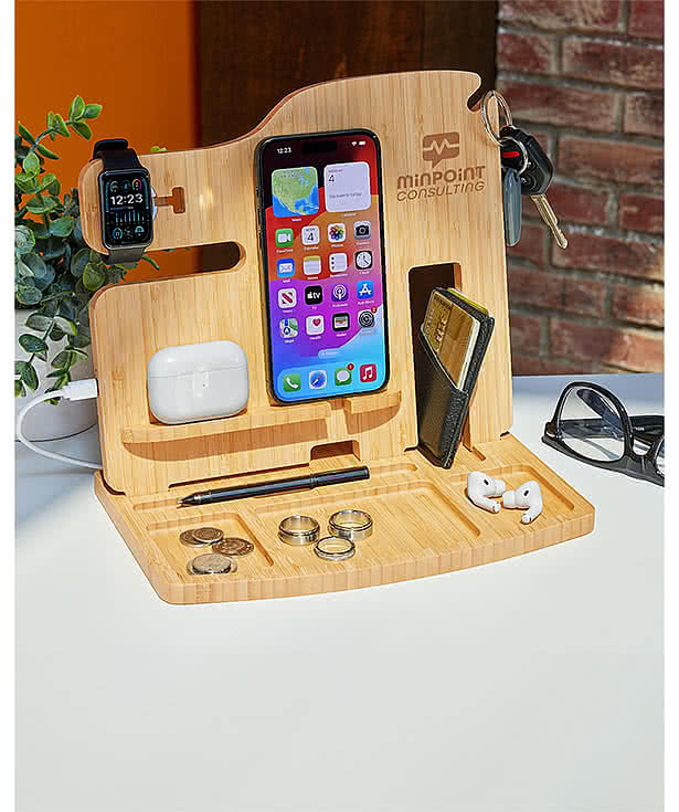 Laser Engraved Portia Bamboo Charging Valet Station
