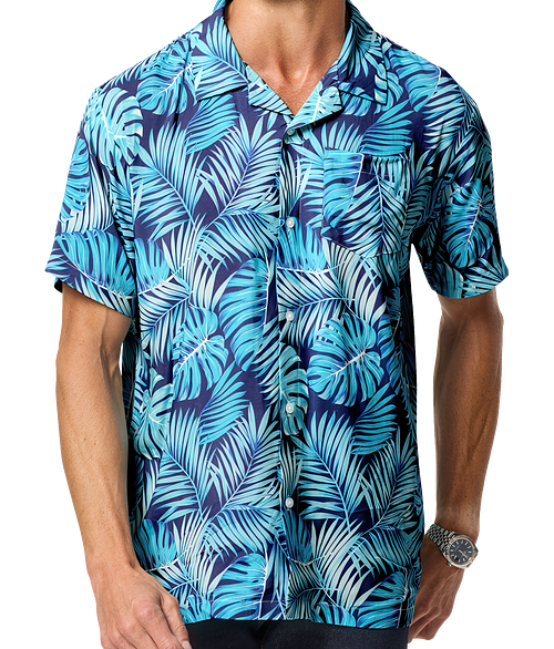 Blue Generation Tropical Leaves Short Sleeve Camp Shirt in Blue