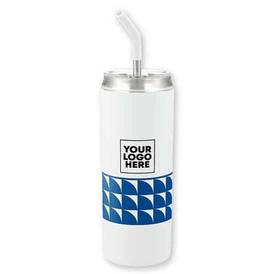 Geometric Pattern 20 oz. Marka Copper Vacuum Insulated Tumbler with Straw in White / Blue