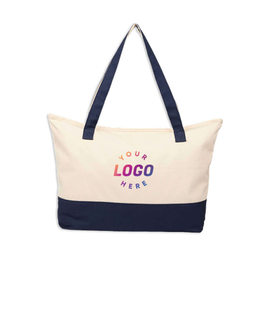 Color Accent Recycled Cotton Zippered Tote Bag in Navy