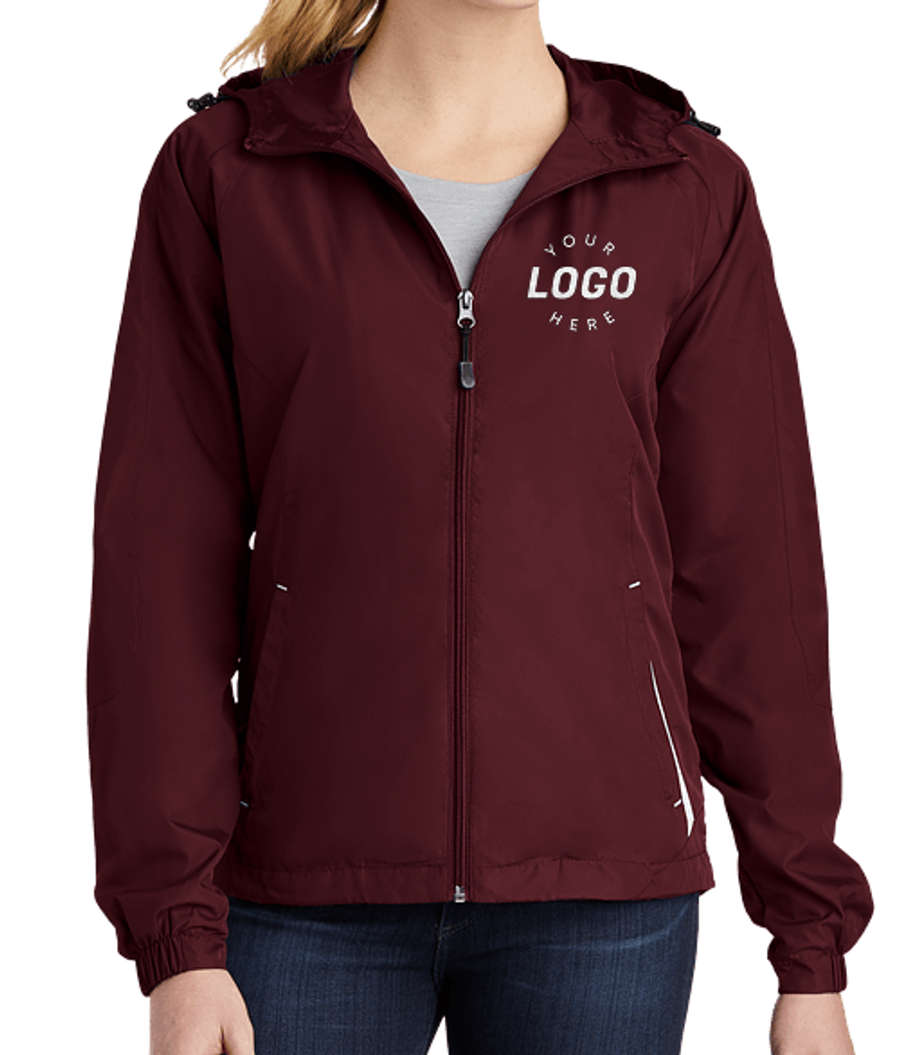 Sport-Tek Women's Full Zip Hooded Windbreaker Jacket in Maroon / White