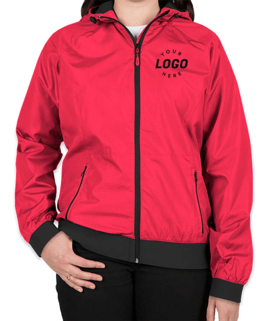 Sport-Tek Women's Hooded Windbreaker Jacket in Pink Raspberry / Black