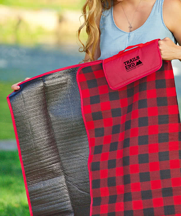 Full Color Plaid Barrel Fleece Roll-Up Picnic Blanket