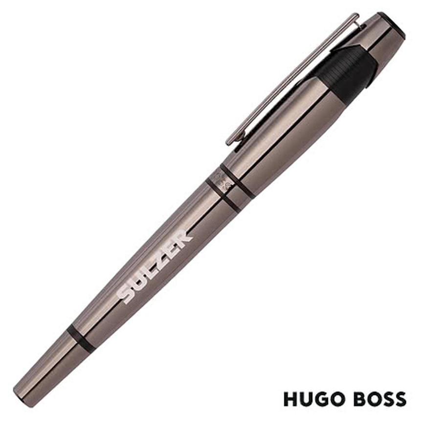 Hugo Boss Laser Engraved Chevron Rollerball Pen (black ink) in Gun Metal