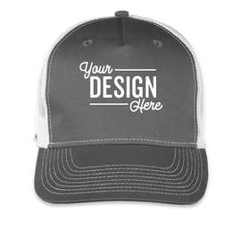 Port Authority Five-Panel Snapback Trucker Hat - Embroidered - Color: Grey Steel / White