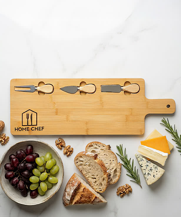 Laser Engraved Long Bamboo Charcuterie Board with Utensils