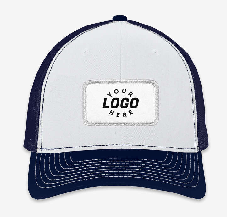 Custom patch hat with embroidered rectangle patch on a trucker hat