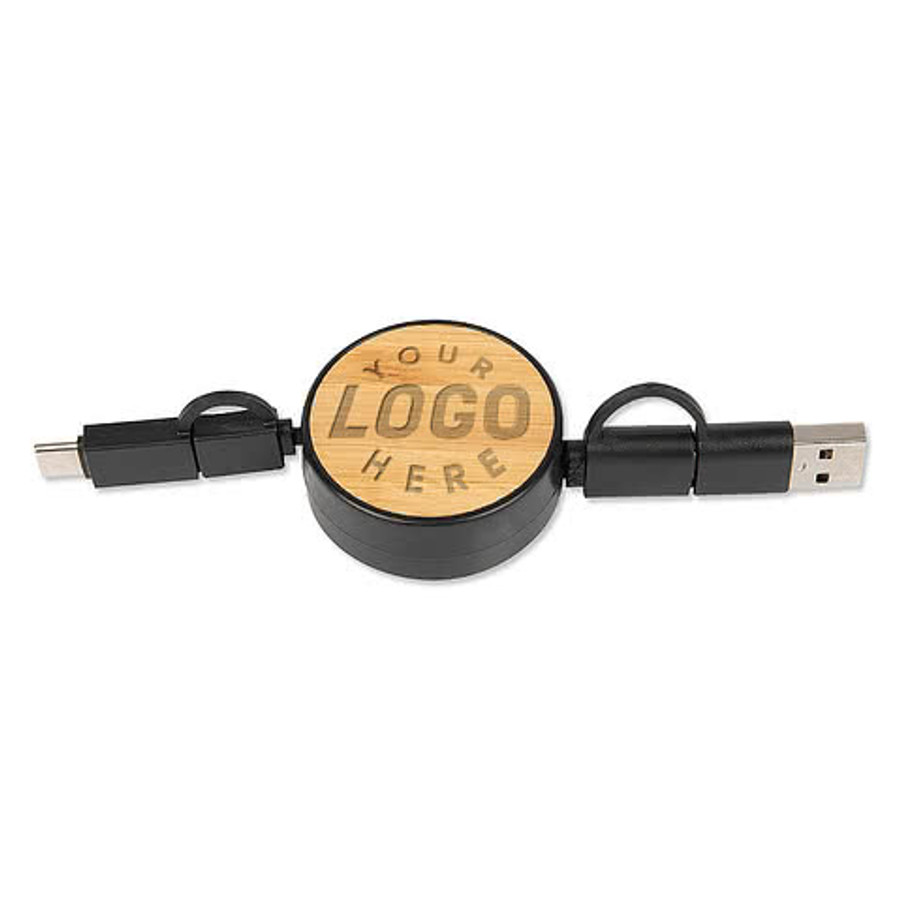 Laser Engraved Bamboo Retractable 5-in-1 Charging Cable in Woodtone