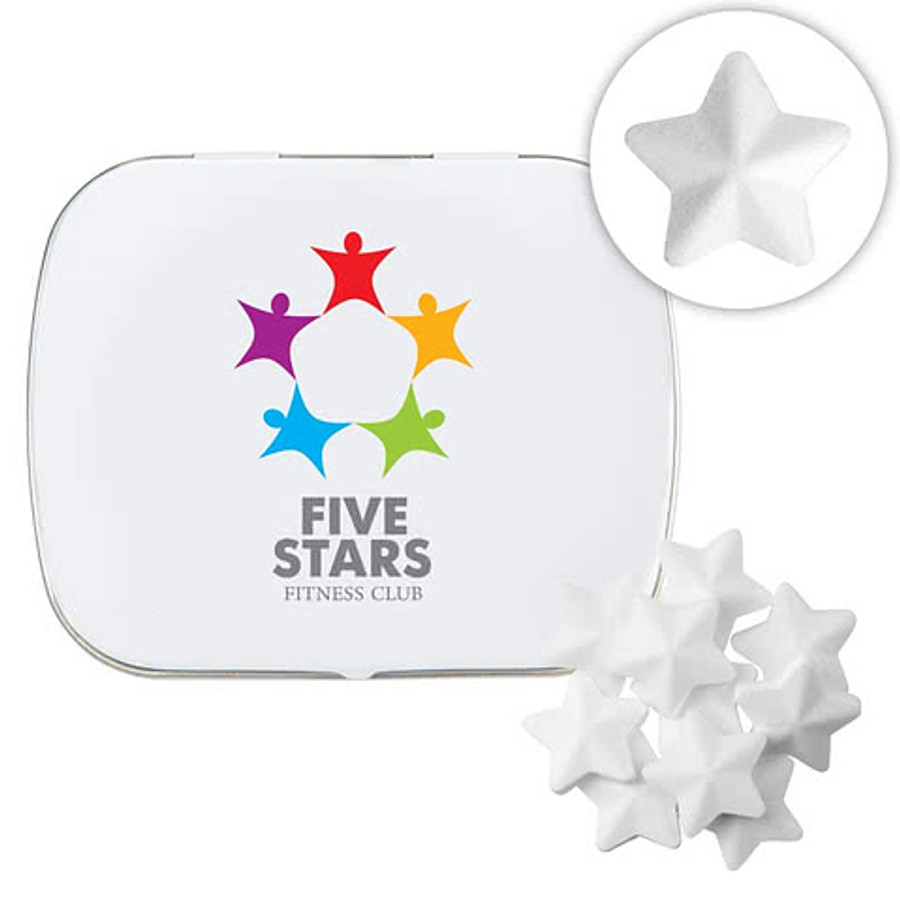 Full Color Domed Tin with Star Shaped Mints in Black