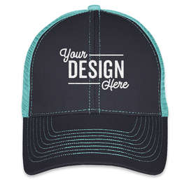 Mega Cap Contrast Stitch Trucker Hat - Color: Navy / Turquoise