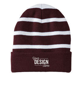 Sport-Tek Fleece Lined Striped Cuff Beanie - Color: Maroon / White